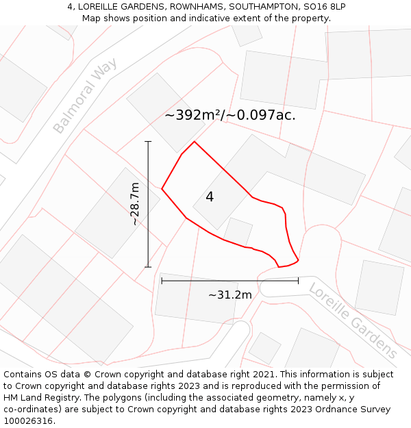 4, LOREILLE GARDENS, ROWNHAMS, SOUTHAMPTON, SO16 8LP: Plot and title map