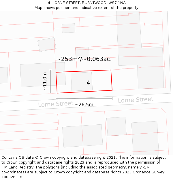 4, LORNE STREET, BURNTWOOD, WS7 1NA: Plot and title map