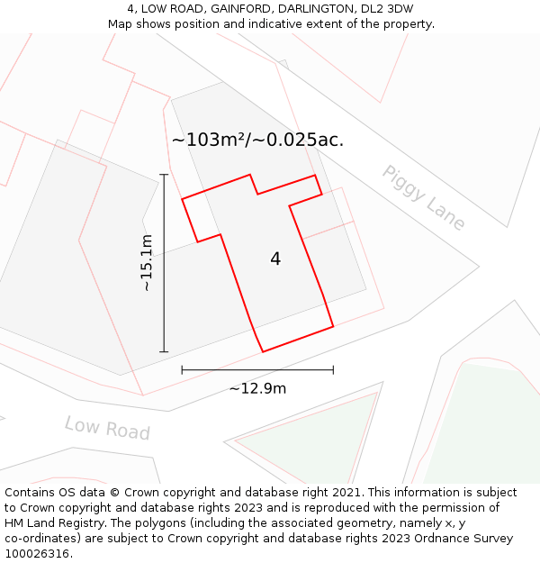 4, LOW ROAD, GAINFORD, DARLINGTON, DL2 3DW: Plot and title map