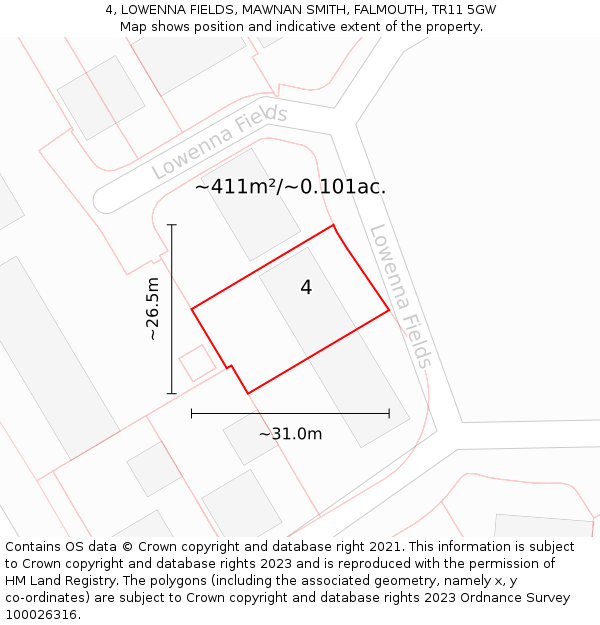 4, LOWENNA FIELDS, MAWNAN SMITH, FALMOUTH, TR11 5GW: Plot and title map
