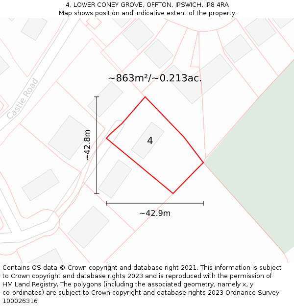 4, LOWER CONEY GROVE, OFFTON, IPSWICH, IP8 4RA: Plot and title map