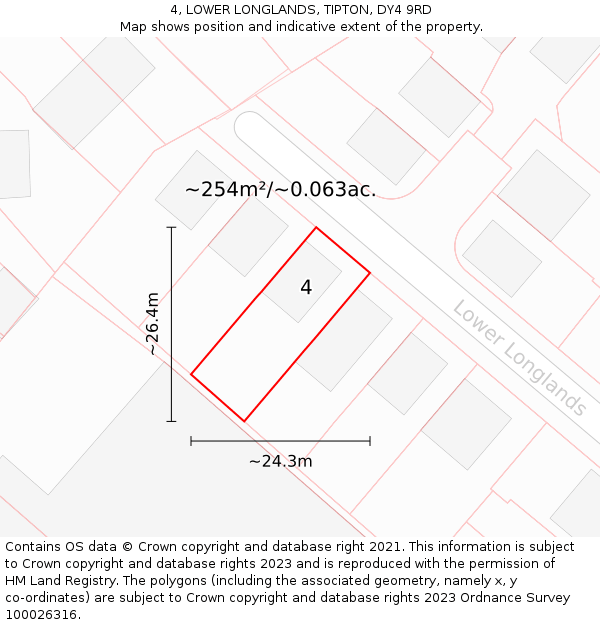 4, LOWER LONGLANDS, TIPTON, DY4 9RD: Plot and title map