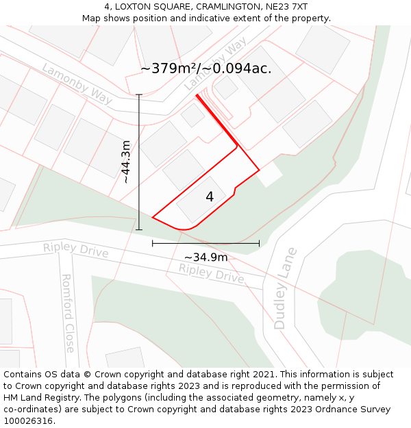 4, LOXTON SQUARE, CRAMLINGTON, NE23 7XT: Plot and title map