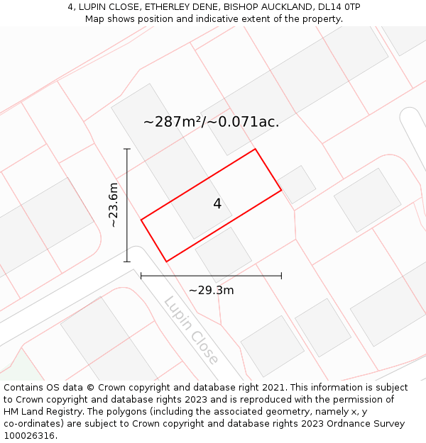 4, LUPIN CLOSE, ETHERLEY DENE, BISHOP AUCKLAND, DL14 0TP: Plot and title map
