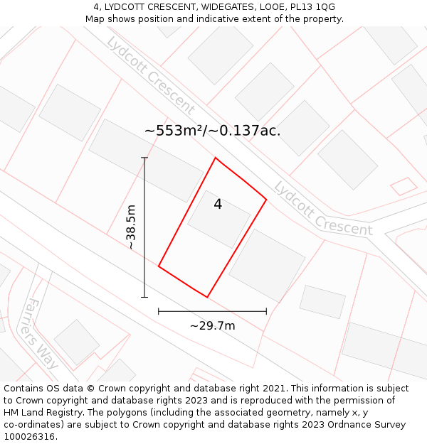 4, LYDCOTT CRESCENT, WIDEGATES, LOOE, PL13 1QG: Plot and title map