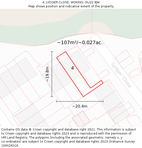 4, LYDGER CLOSE, WOKING, GU22 8JW: Plot and title map
