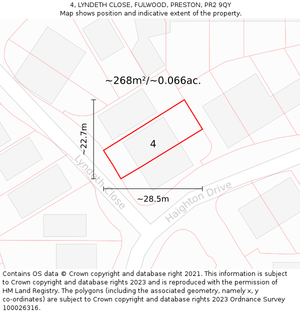 4, LYNDETH CLOSE, FULWOOD, PRESTON, PR2 9QY: Plot and title map