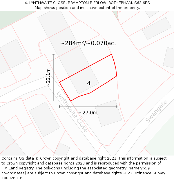 4, LYNTHWAITE CLOSE, BRAMPTON BIERLOW, ROTHERHAM, S63 6ES: Plot and title map