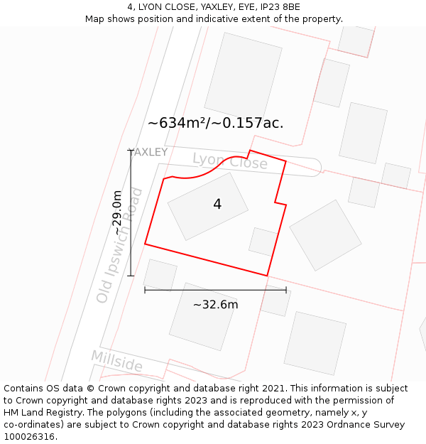 4, LYON CLOSE, YAXLEY, EYE, IP23 8BE: Plot and title map