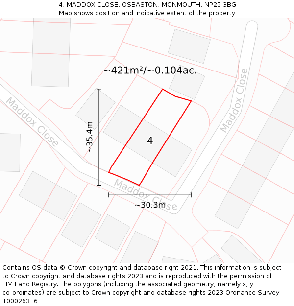 4, MADDOX CLOSE, OSBASTON, MONMOUTH, NP25 3BG: Plot and title map