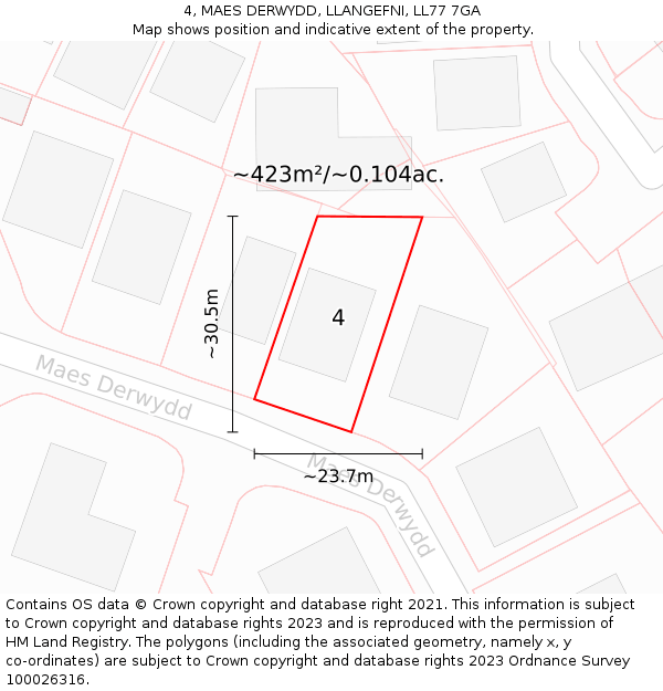 4, MAES DERWYDD, LLANGEFNI, LL77 7GA: Plot and title map