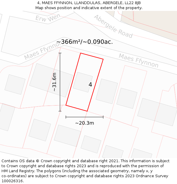 4, MAES FFYNNON, LLANDDULAS, ABERGELE, LL22 8JB: Plot and title map