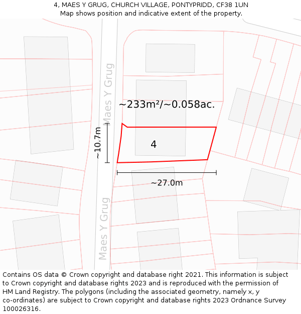 4, MAES Y GRUG, CHURCH VILLAGE, PONTYPRIDD, CF38 1UN: Plot and title map
