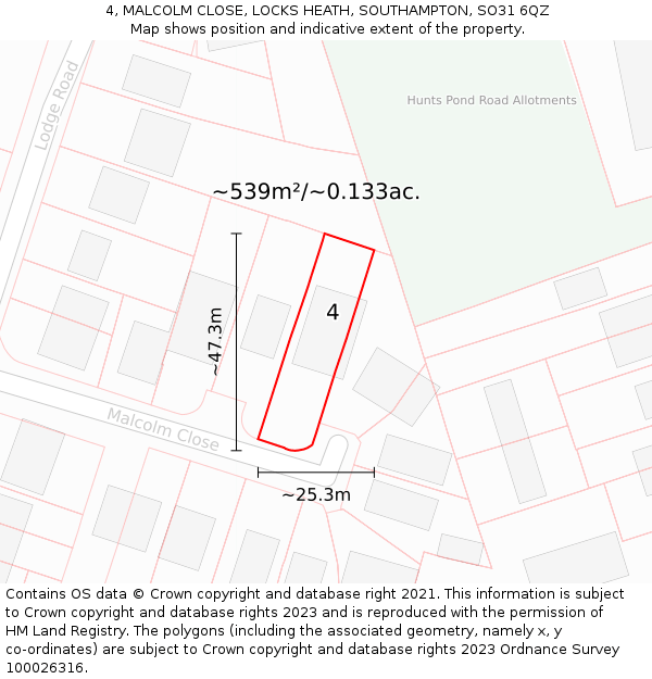 4, MALCOLM CLOSE, LOCKS HEATH, SOUTHAMPTON, SO31 6QZ: Plot and title map