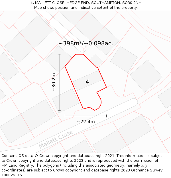 4, MALLETT CLOSE, HEDGE END, SOUTHAMPTON, SO30 2NH: Plot and title map