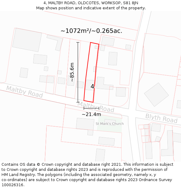 4, MALTBY ROAD, OLDCOTES, WORKSOP, S81 8JN: Plot and title map