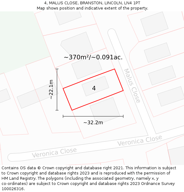 4, MALUS CLOSE, BRANSTON, LINCOLN, LN4 1PT: Plot and title map