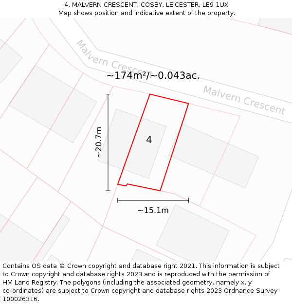 4, MALVERN CRESCENT, COSBY, LEICESTER, LE9 1UX: Plot and title map