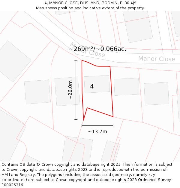 4, MANOR CLOSE, BLISLAND, BODMIN, PL30 4JY: Plot and title map
