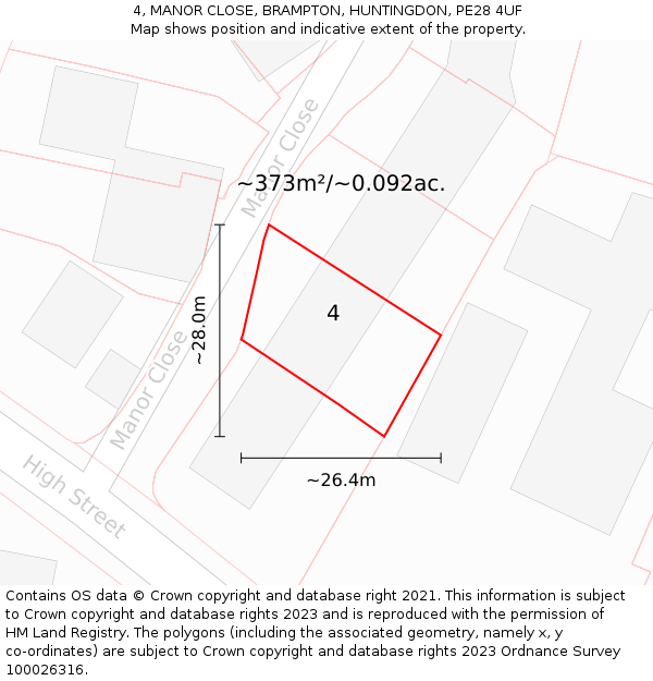 4, MANOR CLOSE, BRAMPTON, HUNTINGDON, PE28 4UF: Plot and title map