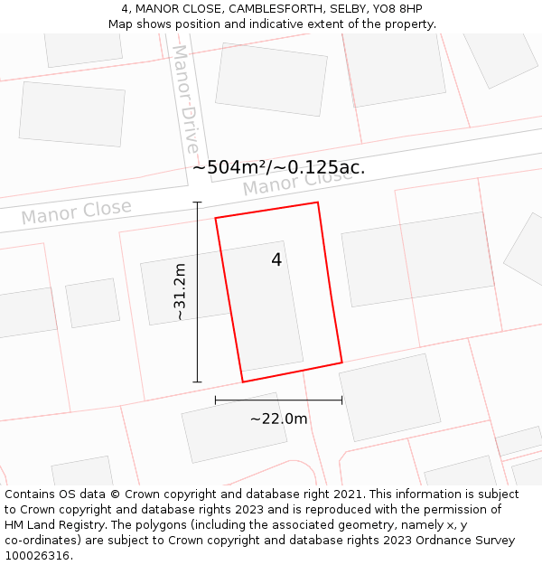 4, MANOR CLOSE, CAMBLESFORTH, SELBY, YO8 8HP: Plot and title map
