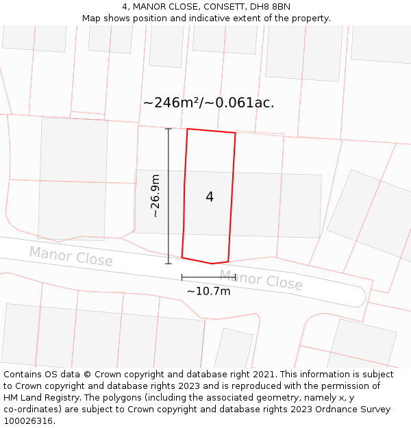 4, MANOR CLOSE, CONSETT, DH8 8BN: Plot and title map