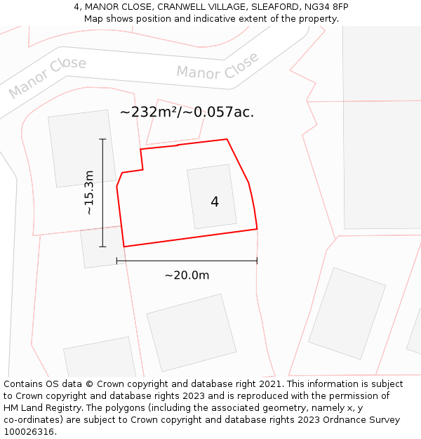 4, MANOR CLOSE, CRANWELL VILLAGE, SLEAFORD, NG34 8FP: Plot and title map