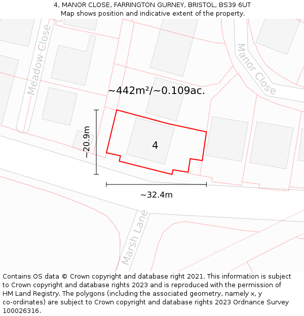 4, MANOR CLOSE, FARRINGTON GURNEY, BRISTOL, BS39 6UT: Plot and title map