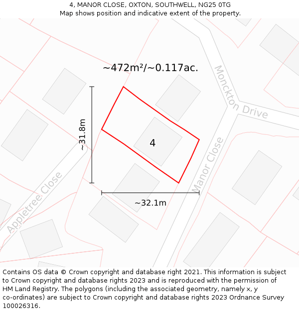 4, MANOR CLOSE, OXTON, SOUTHWELL, NG25 0TG: Plot and title map