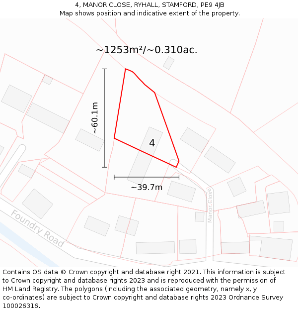 4, MANOR CLOSE, RYHALL, STAMFORD, PE9 4JB: Plot and title map