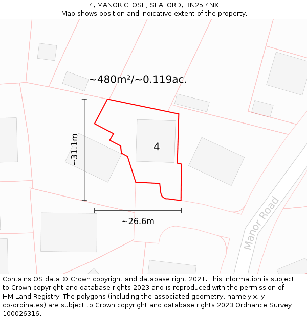 4, MANOR CLOSE, SEAFORD, BN25 4NX: Plot and title map