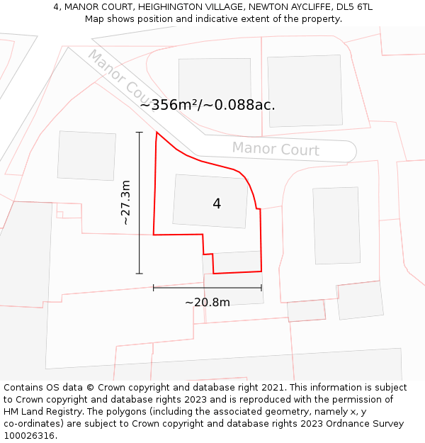 4, MANOR COURT, HEIGHINGTON VILLAGE, NEWTON AYCLIFFE, DL5 6TL: Plot and title map