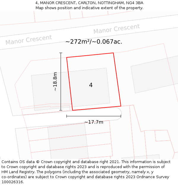 4, MANOR CRESCENT, CARLTON, NOTTINGHAM, NG4 3BA: Plot and title map