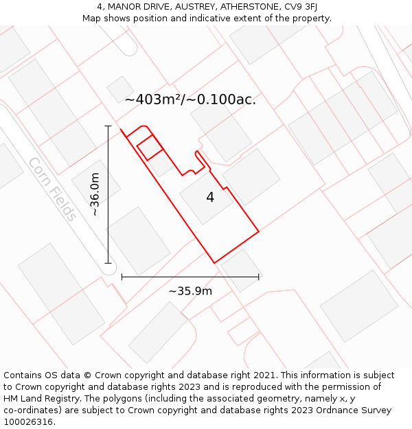 4, MANOR DRIVE, AUSTREY, ATHERSTONE, CV9 3FJ: Plot and title map