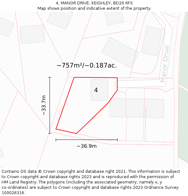 4, MANOR DRIVE, KEIGHLEY, BD20 6FS: Plot and title map