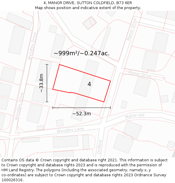 4, MANOR DRIVE, SUTTON COLDFIELD, B73 6ER: Plot and title map