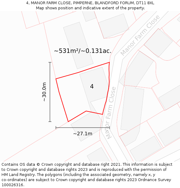4, MANOR FARM CLOSE, PIMPERNE, BLANDFORD FORUM, DT11 8XL: Plot and title map