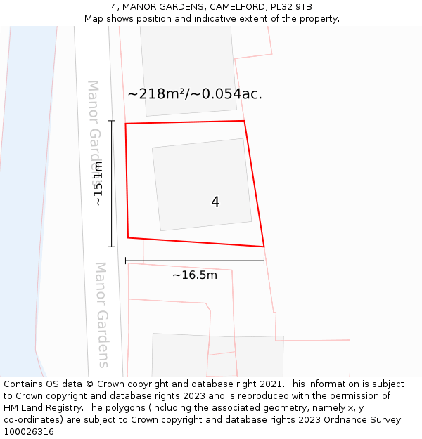 4, MANOR GARDENS, CAMELFORD, PL32 9TB: Plot and title map