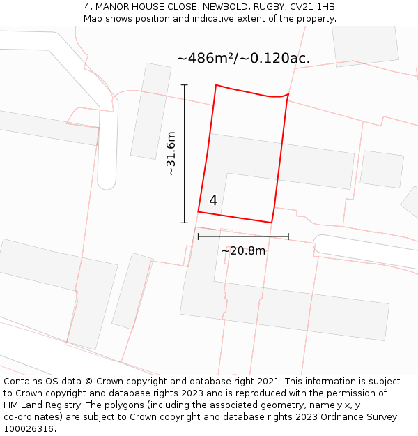 4, MANOR HOUSE CLOSE, NEWBOLD, RUGBY, CV21 1HB: Plot and title map