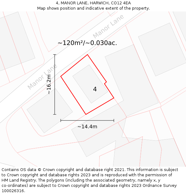 4, MANOR LANE, HARWICH, CO12 4EA: Plot and title map