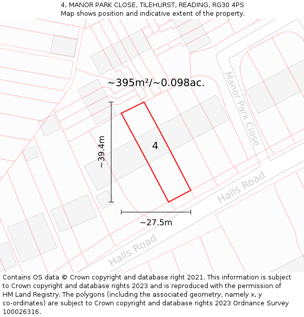 4, MANOR PARK CLOSE, TILEHURST, READING, RG30 4PS: Plot and title map