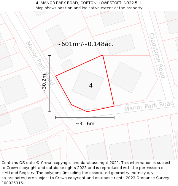 4, MANOR PARK ROAD, CORTON, LOWESTOFT, NR32 5HL: Plot and title map