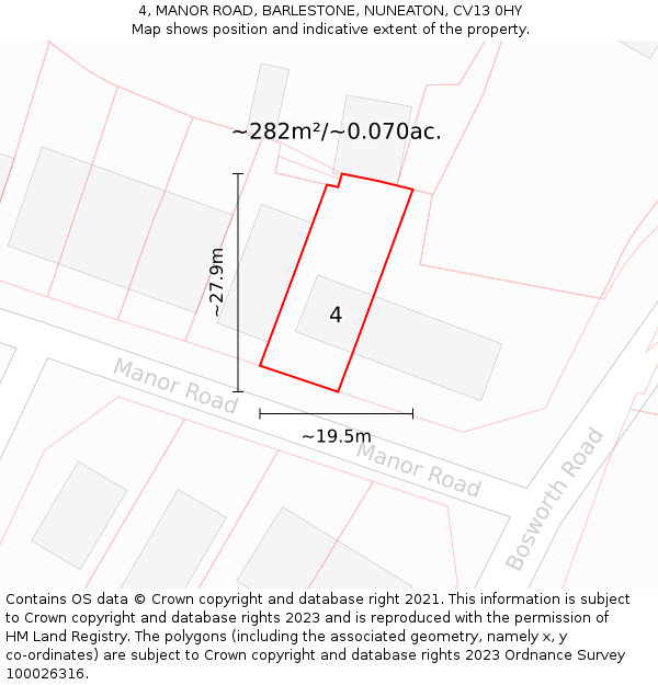 4, MANOR ROAD, BARLESTONE, NUNEATON, CV13 0HY: Plot and title map