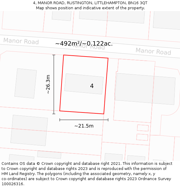 4, MANOR ROAD, RUSTINGTON, LITTLEHAMPTON, BN16 3QT: Plot and title map