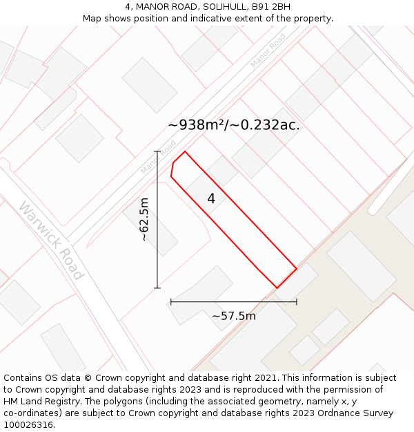 4, MANOR ROAD, SOLIHULL, B91 2BH: Plot and title map