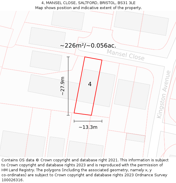 4, MANSEL CLOSE, SALTFORD, BRISTOL, BS31 3LE: Plot and title map