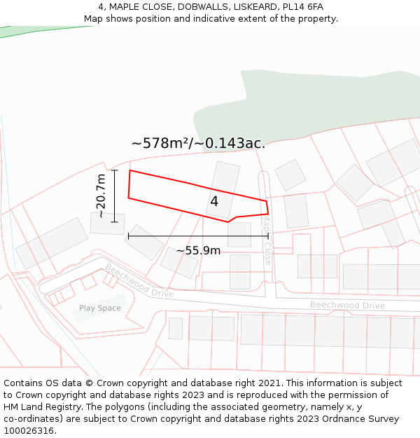 4, MAPLE CLOSE, DOBWALLS, LISKEARD, PL14 6FA: Plot and title map