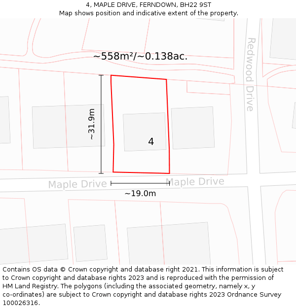 4, MAPLE DRIVE, FERNDOWN, BH22 9ST: Plot and title map