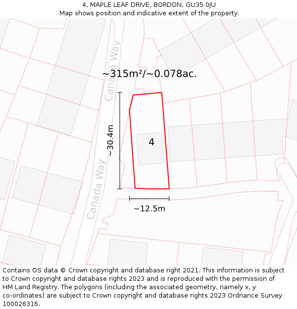 4, MAPLE LEAF DRIVE, BORDON, GU35 0JU: Plot and title map