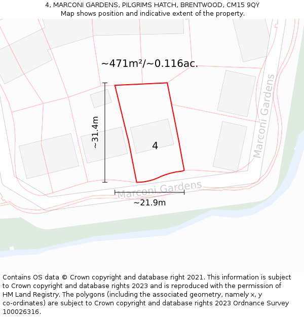 4, MARCONI GARDENS, PILGRIMS HATCH, BRENTWOOD, CM15 9QY: Plot and title map